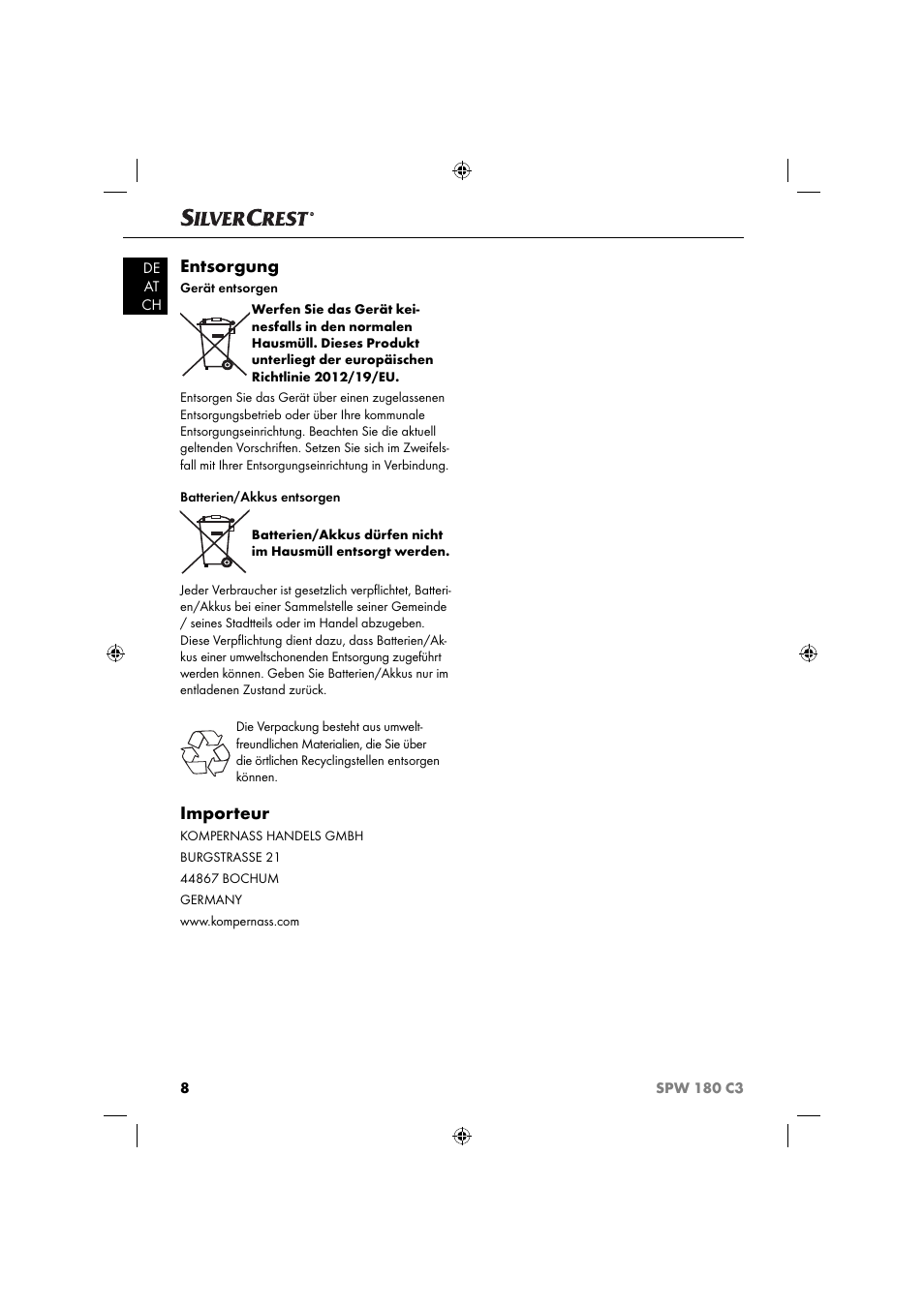 Entsorgung, Importeur | Silvercrest SPW 180 C3 User Manual | Page 11 / 44