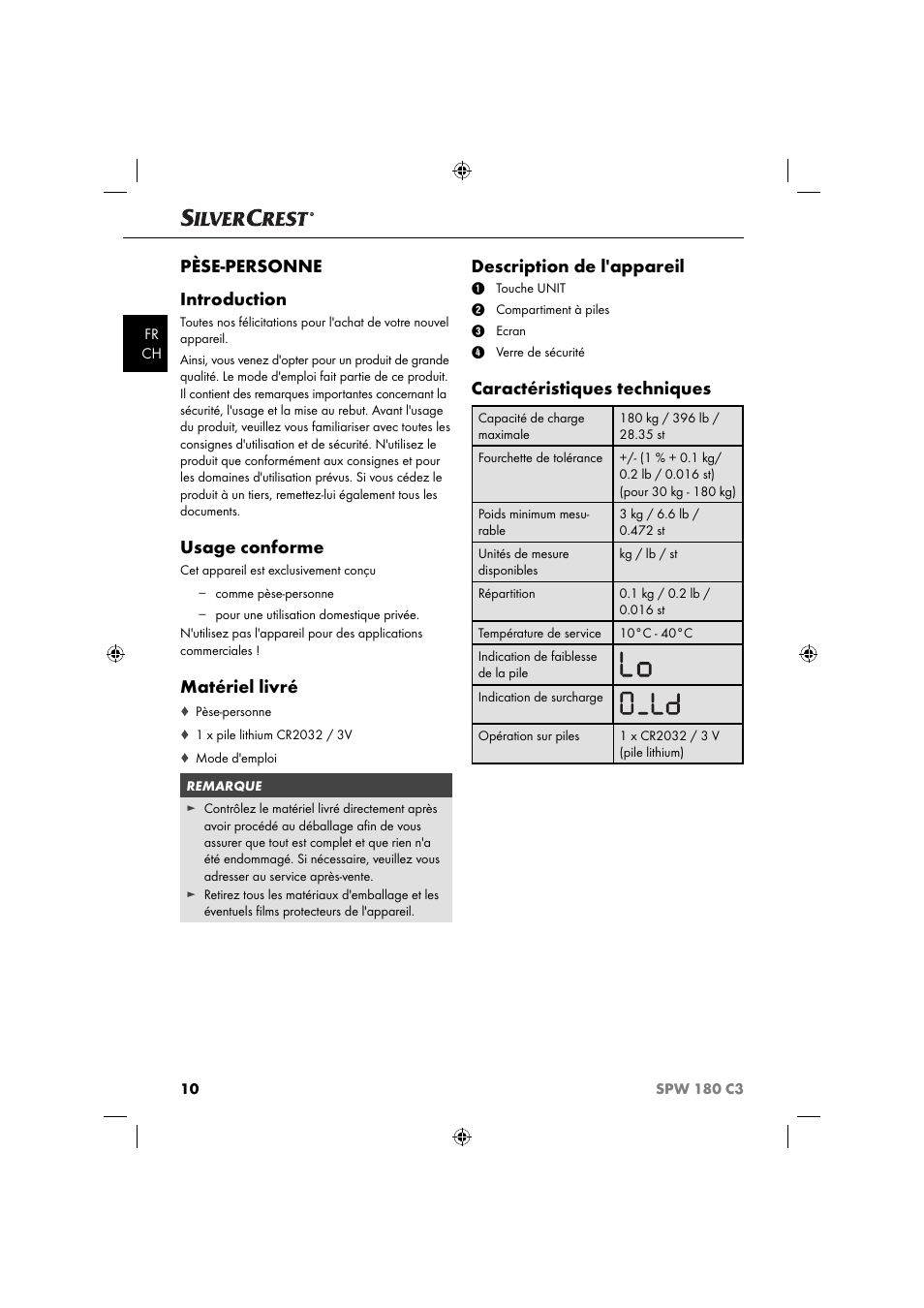 Pèse-personne introduction, Usage conforme, Matériel livré | Description de l'appareil, Caractéristiques techniques | Silvercrest SPW 180 C3 User Manual | Page 13 / 44