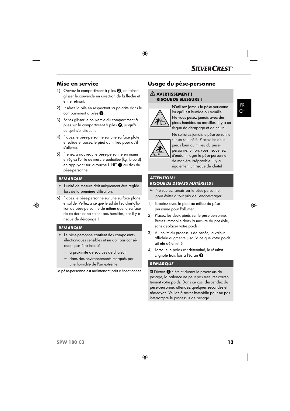 Mise en service, Usage du pèse-personne | Silvercrest SPW 180 C3 User Manual | Page 16 / 44