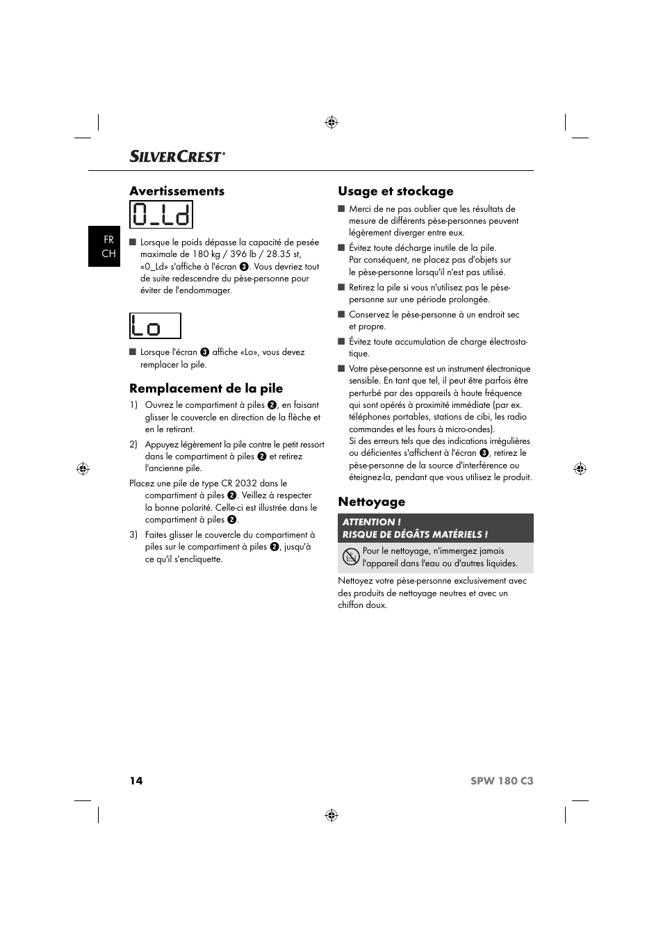 Avertissements, Remplacement de la pile, Usage et stockage | Nettoyage | Silvercrest SPW 180 C3 User Manual | Page 17 / 44