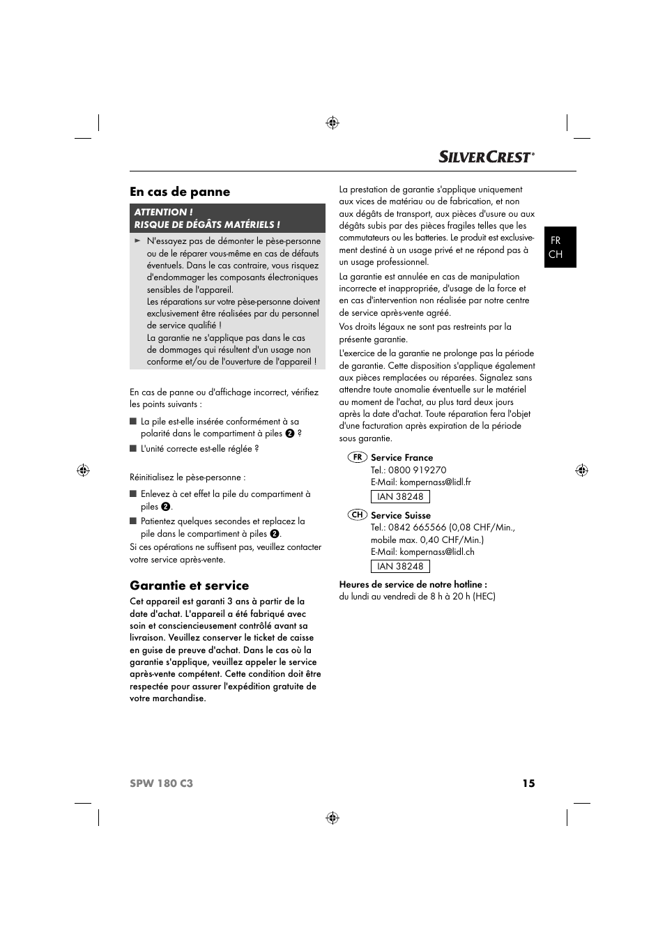 En cas de panne, Garantie et service | Silvercrest SPW 180 C3 User Manual | Page 18 / 44