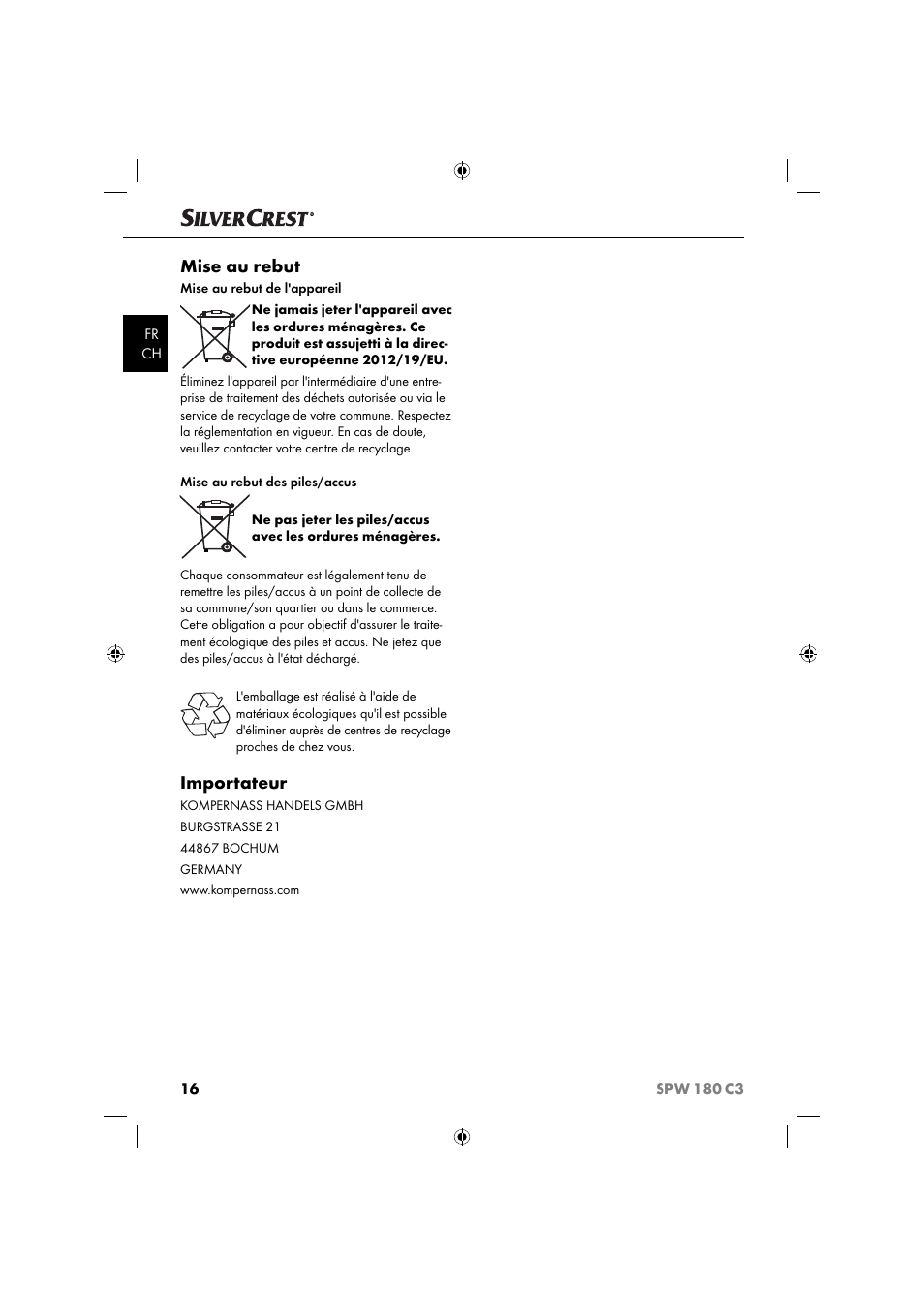 Mise au rebut, Importateur | Silvercrest SPW 180 C3 User Manual | Page 19 / 44
