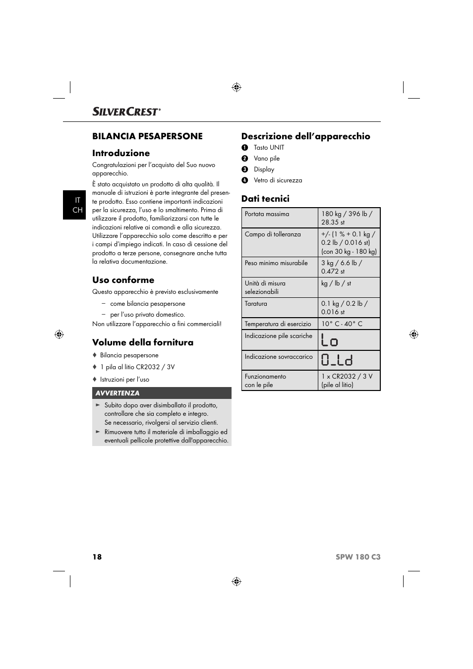 Bilancia pesapersone introduzione, Uso conforme, Volume della fornitura | Descrizione dell’apparecchio, Dati tecnici | Silvercrest SPW 180 C3 User Manual | Page 21 / 44