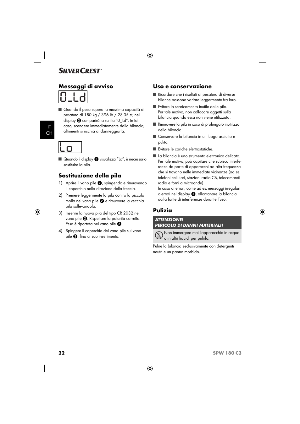 Messaggi di avviso, Sostituzione della pila, Uso e conservazione | Pulizia | Silvercrest SPW 180 C3 User Manual | Page 25 / 44