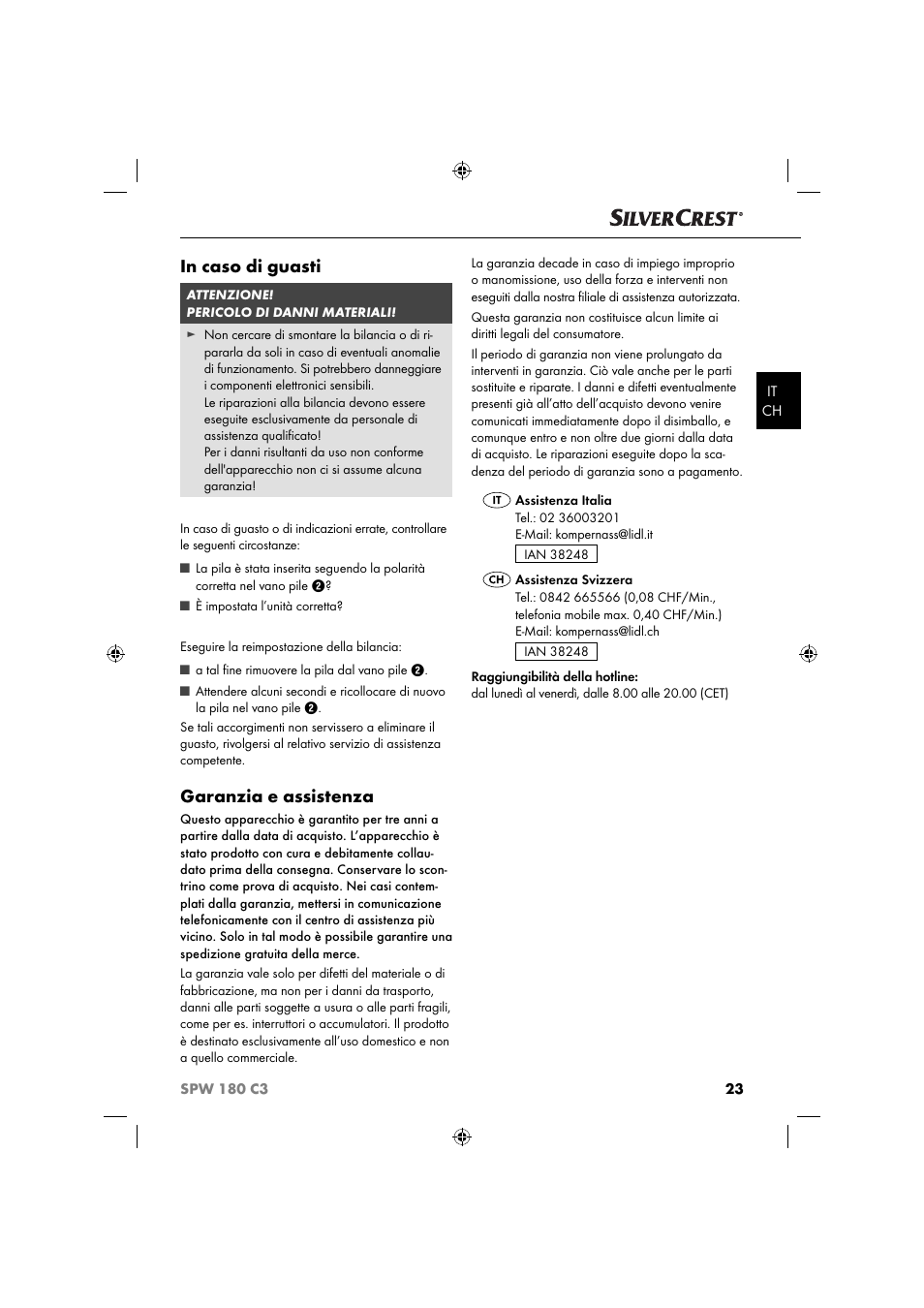 Garanzia e assistenza | Silvercrest SPW 180 C3 User Manual | Page 26 / 44