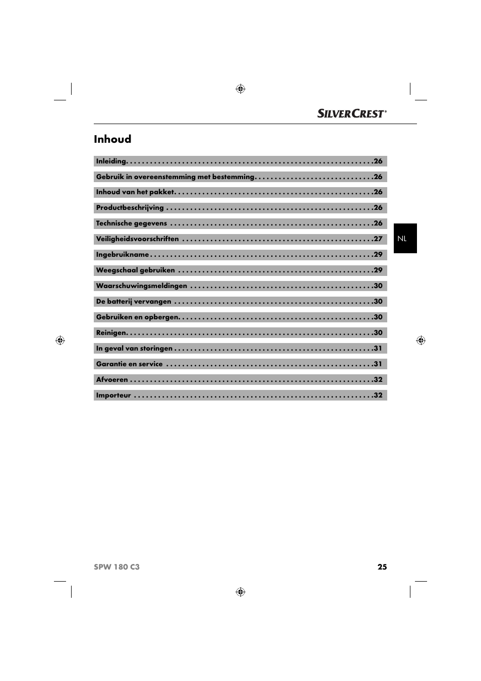 Inhoud | Silvercrest SPW 180 C3 User Manual | Page 28 / 44