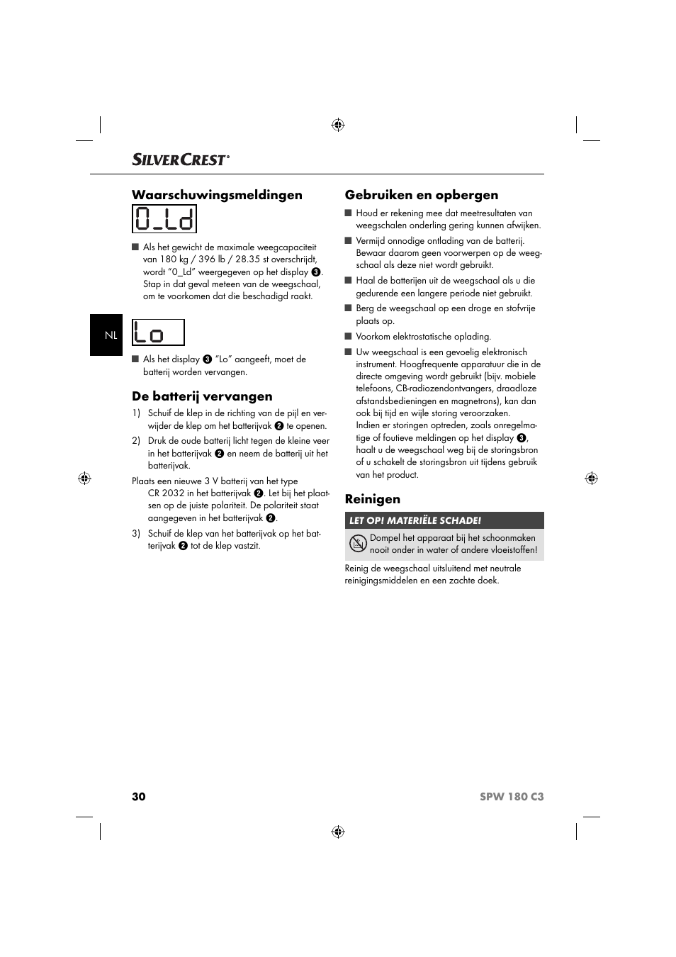 Waarschuwingsmeldingen, De batterij vervangen, Gebruiken en opbergen | Reinigen | Silvercrest SPW 180 C3 User Manual | Page 33 / 44