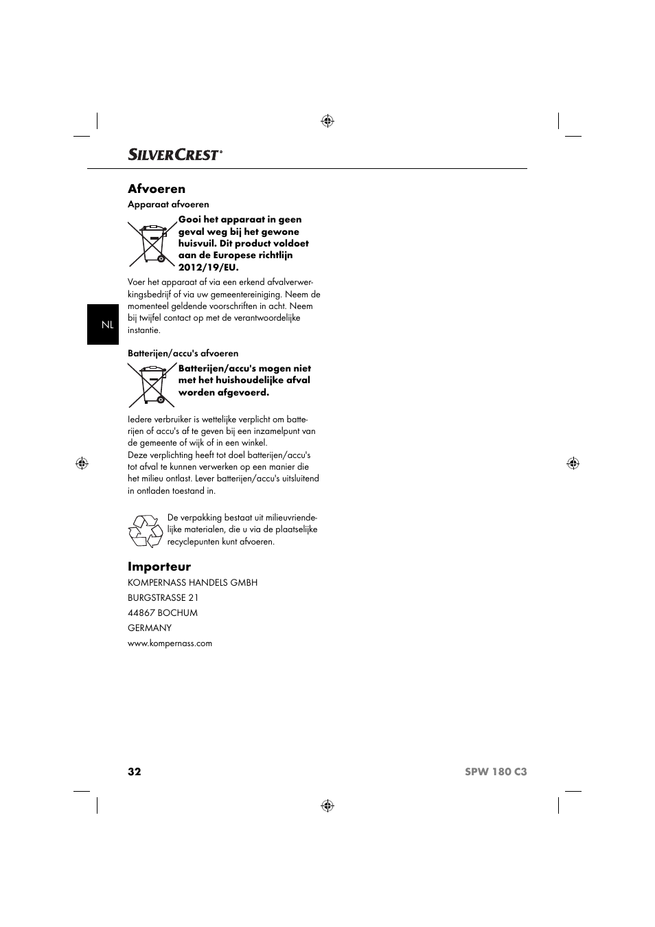 Afvoeren, Importeur | Silvercrest SPW 180 C3 User Manual | Page 35 / 44