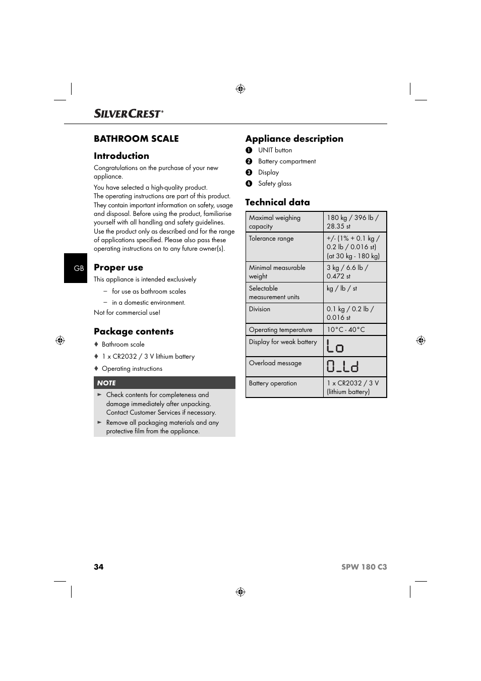 Bathroom scale introduction, Proper use, Package contents | Appliance description, Technical data | Silvercrest SPW 180 C3 User Manual | Page 37 / 44