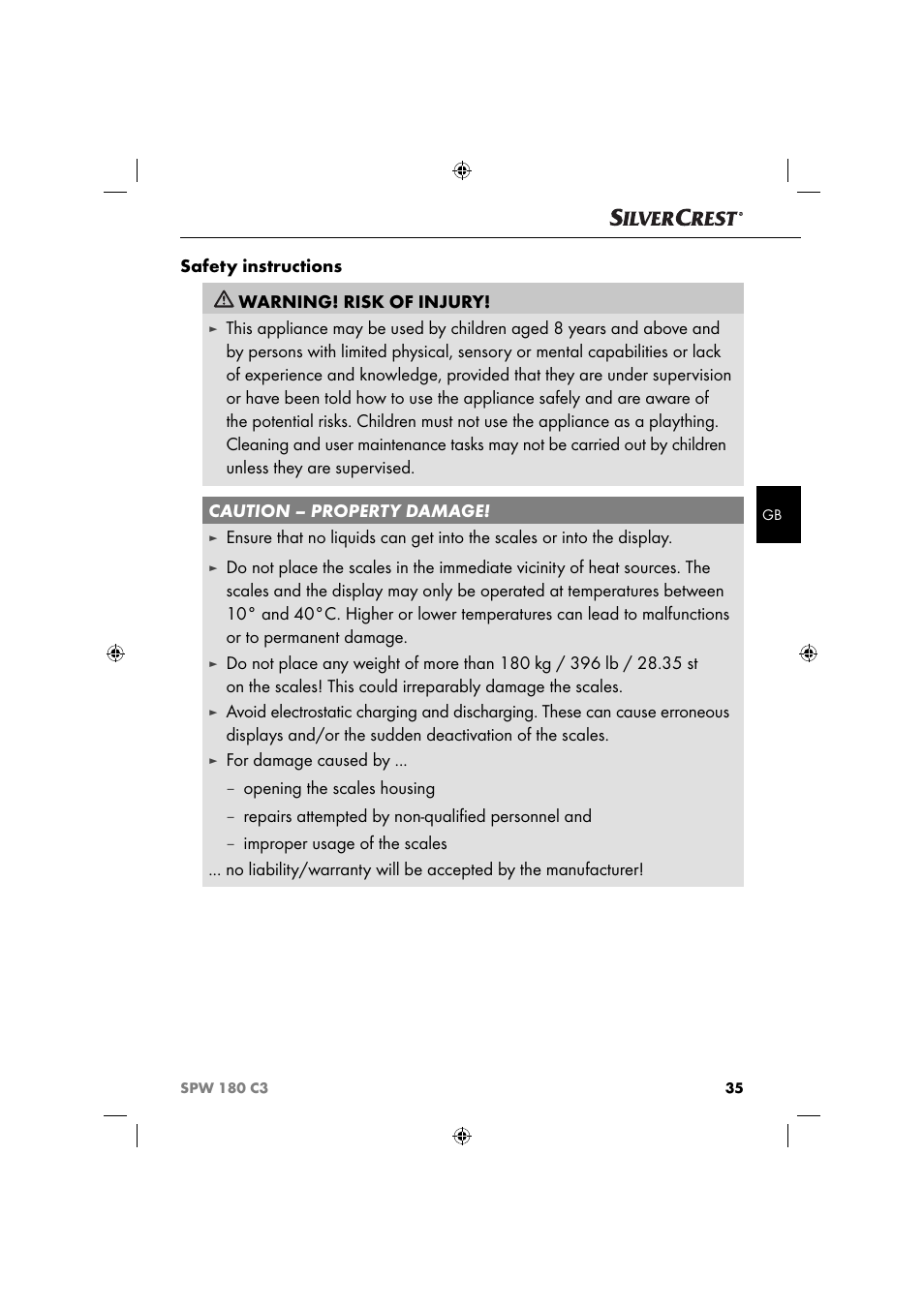 Safety instructions warning! risk of injury, For damage caused by, Opening the scales housing | Repairs attempted by non-qualiﬁ ed personnel and | Silvercrest SPW 180 C3 User Manual | Page 38 / 44