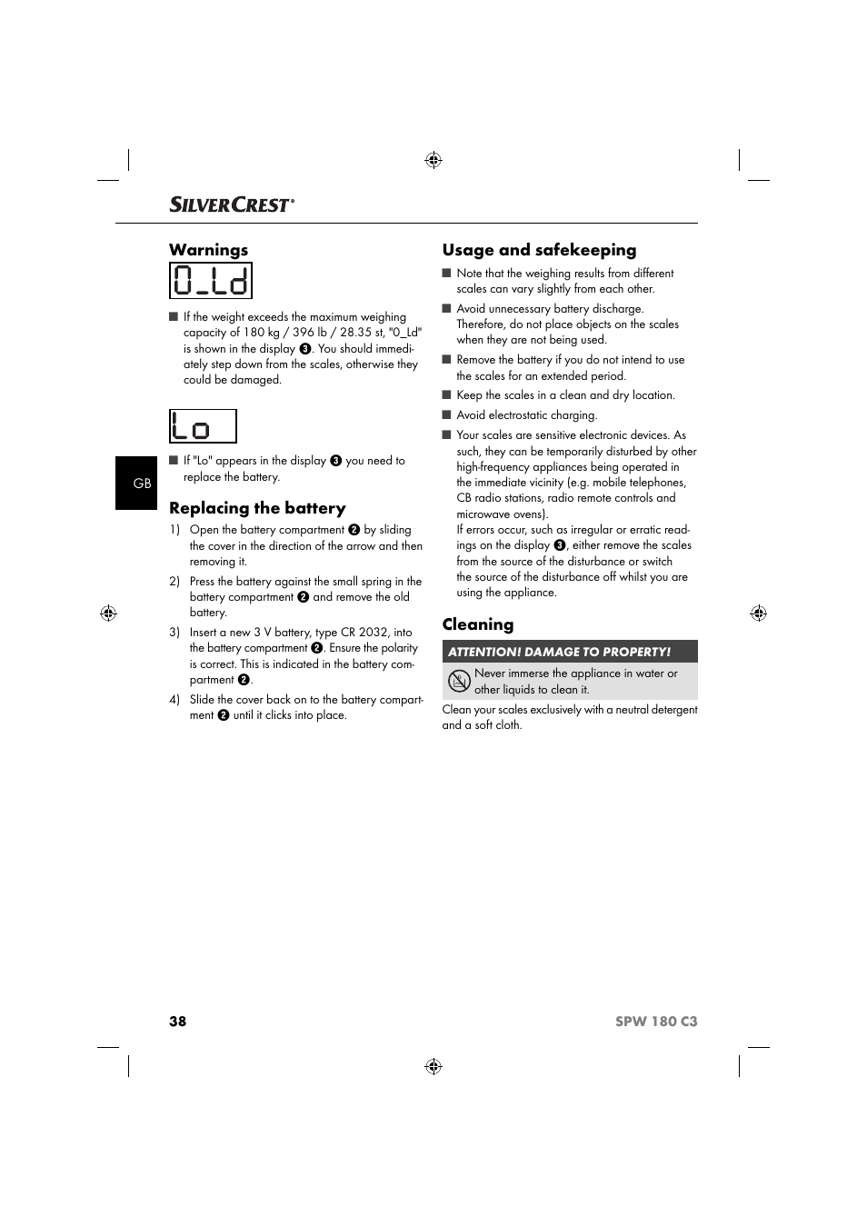 Warnings, Replacing the battery, Usage and safekeeping | Cleaning | Silvercrest SPW 180 C3 User Manual | Page 41 / 44