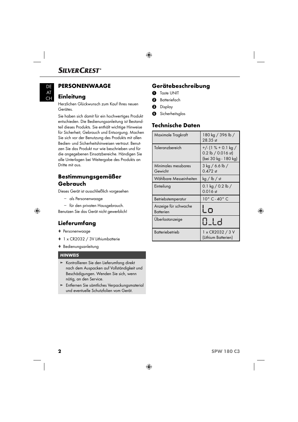 Personenwaage einleitung, Bestimmungsgemäßer gebrauch, Lieferumfang | Gerätebeschreibung, Technische daten | Silvercrest SPW 180 C3 User Manual | Page 5 / 44