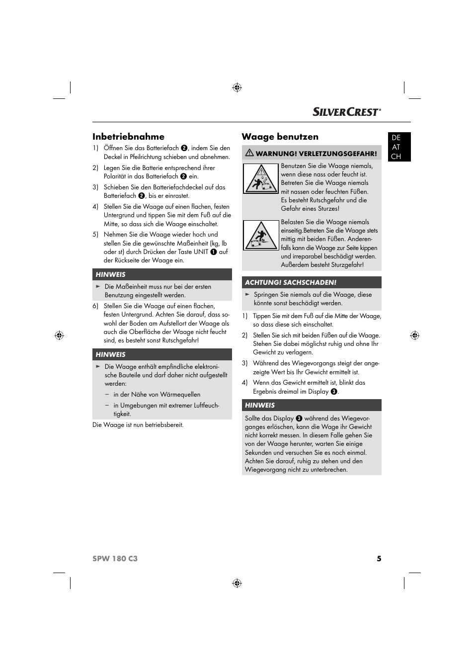 Inbetriebnahme, Waage benutzen | Silvercrest SPW 180 C3 User Manual | Page 8 / 44