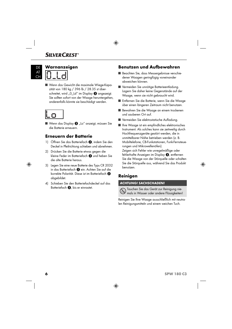 Warnanzeigen, Erneuern der batterie, Benutzen und aufbewahren | Reinigen | Silvercrest SPW 180 C3 User Manual | Page 9 / 44