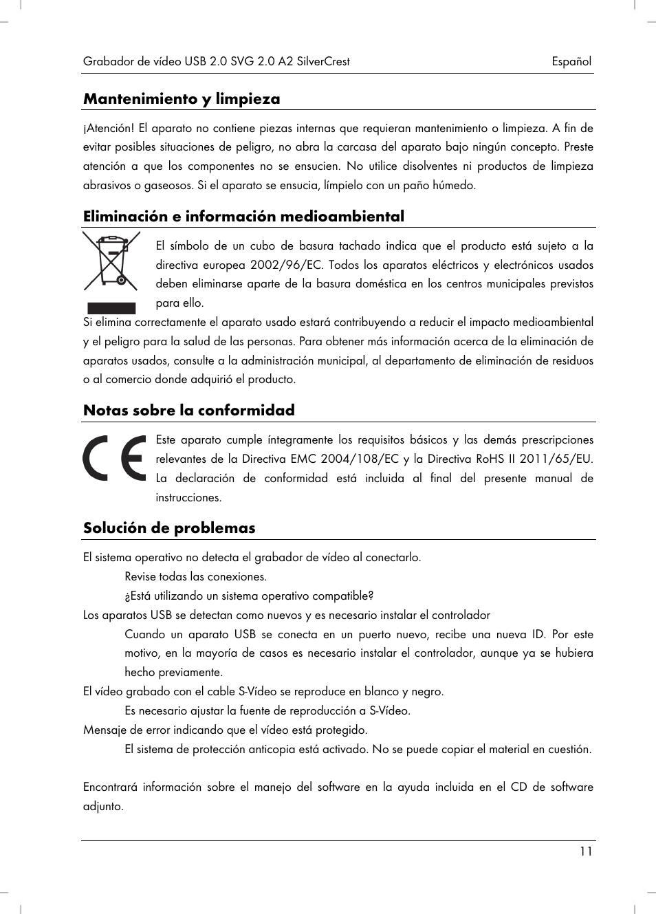 Mantenimiento y limpieza, Eliminación e información medioambiental, Notas sobre la conformidad | Solución de problemas | Silvercrest SVG 2.0 A2 User Manual | Page 12 / 51