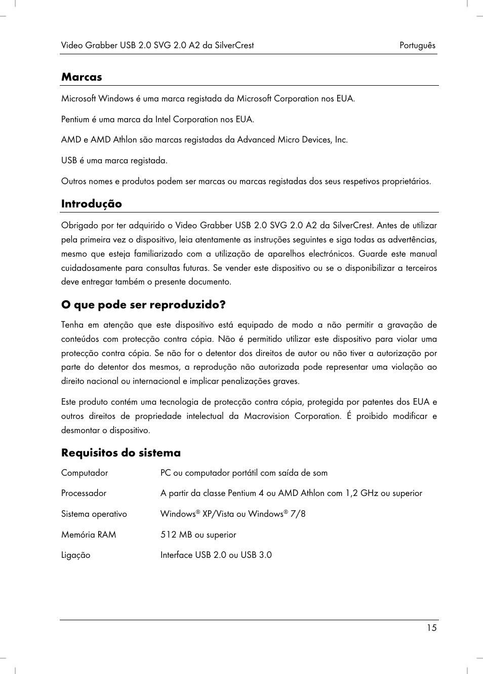 Marcas, Introdução, O que pode ser reproduzido | Requisitos do sistema | Silvercrest SVG 2.0 A2 User Manual | Page 16 / 51