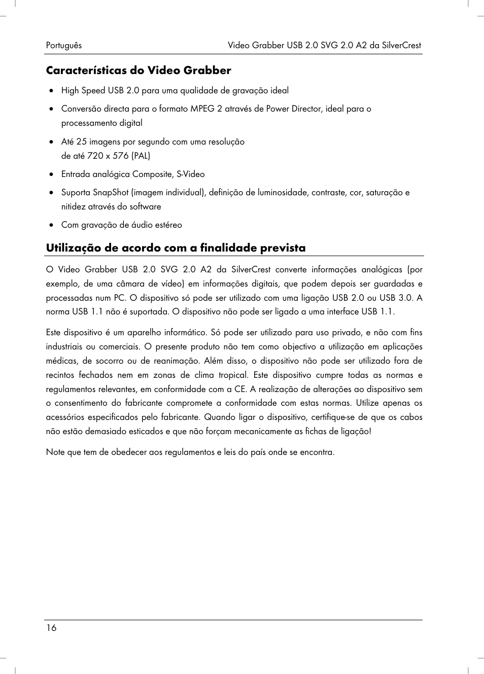 Características do video grabber, Utilização de acordo com a finalidade prevista | Silvercrest SVG 2.0 A2 User Manual | Page 17 / 51