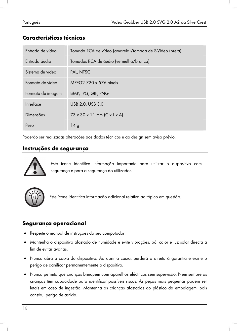 Características técnicas, Instruções de segurança, Segurança operacional | Silvercrest SVG 2.0 A2 User Manual | Page 19 / 51