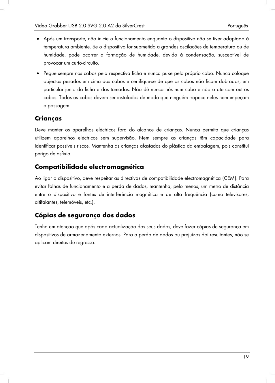 Crianças, Compatibilidade electromagnética, Cópias de segurança dos dados | Silvercrest SVG 2.0 A2 User Manual | Page 20 / 51