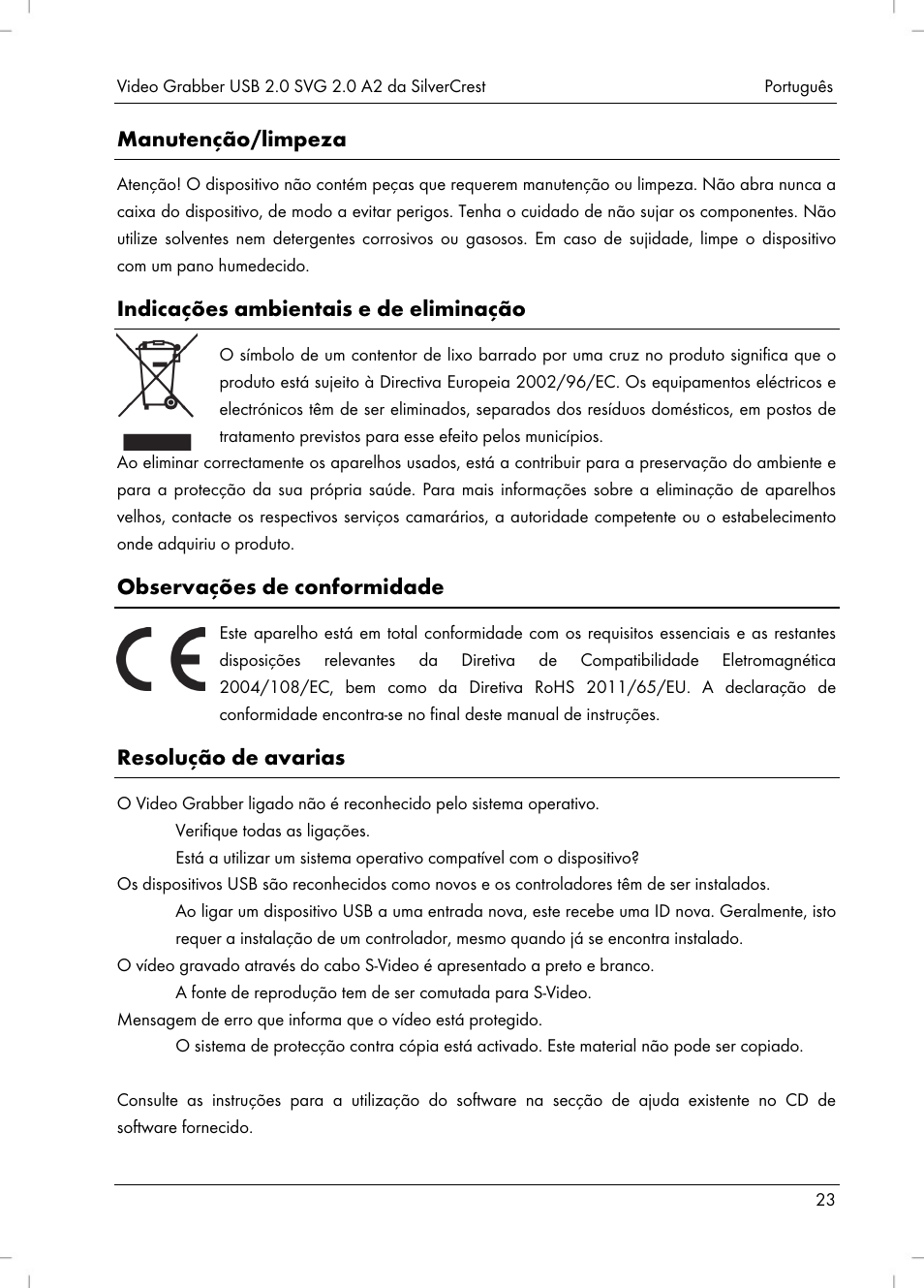 Manutenção/limpeza, Indicações ambientais e de eliminação, Observações de conformidade | Resolução de avarias | Silvercrest SVG 2.0 A2 User Manual | Page 24 / 51