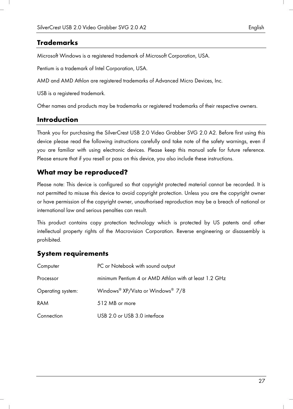 Trademarks, Introduction, What may be reproduced | System requirements | Silvercrest SVG 2.0 A2 User Manual | Page 28 / 51