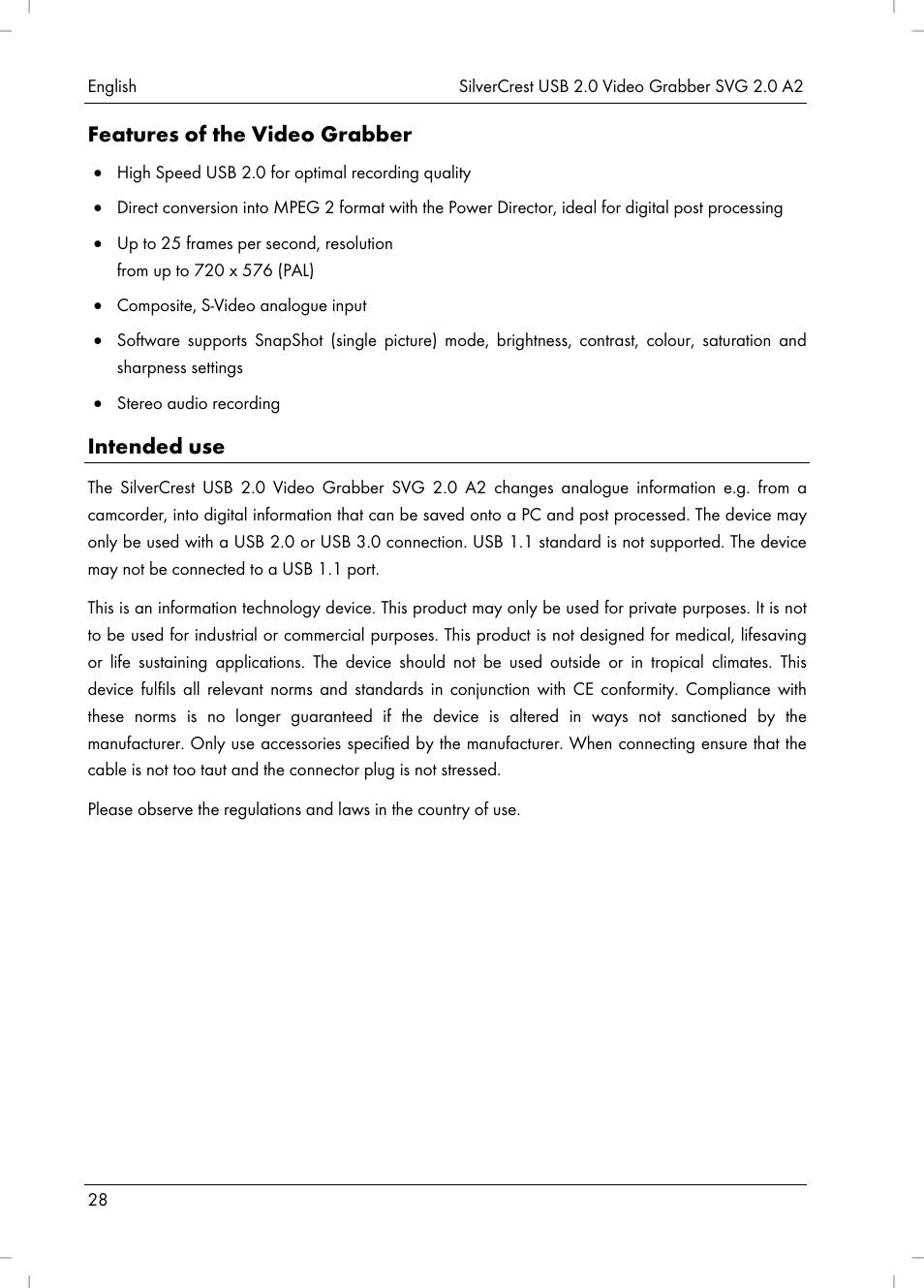 Features of the video grabber, Intended use | Silvercrest SVG 2.0 A2 User Manual | Page 29 / 51