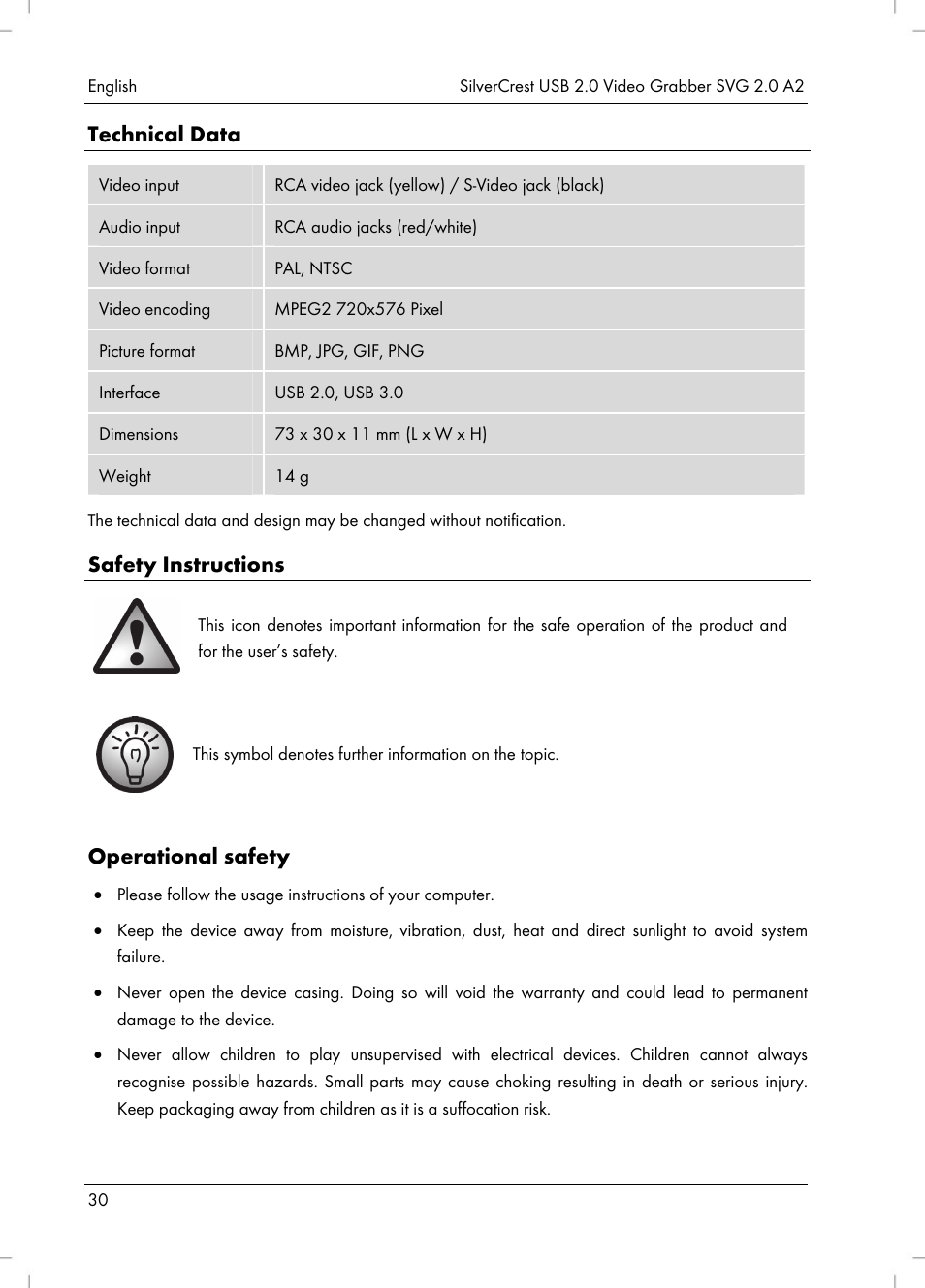 Technical data, Safety instructions, Operational safety | Silvercrest SVG 2.0 A2 User Manual | Page 31 / 51