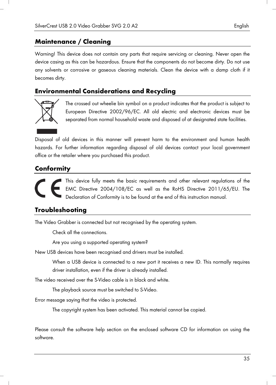 Maintenance / cleaning, Environmental considerations and recycling, Conformity | Troubleshooting | Silvercrest SVG 2.0 A2 User Manual | Page 36 / 51