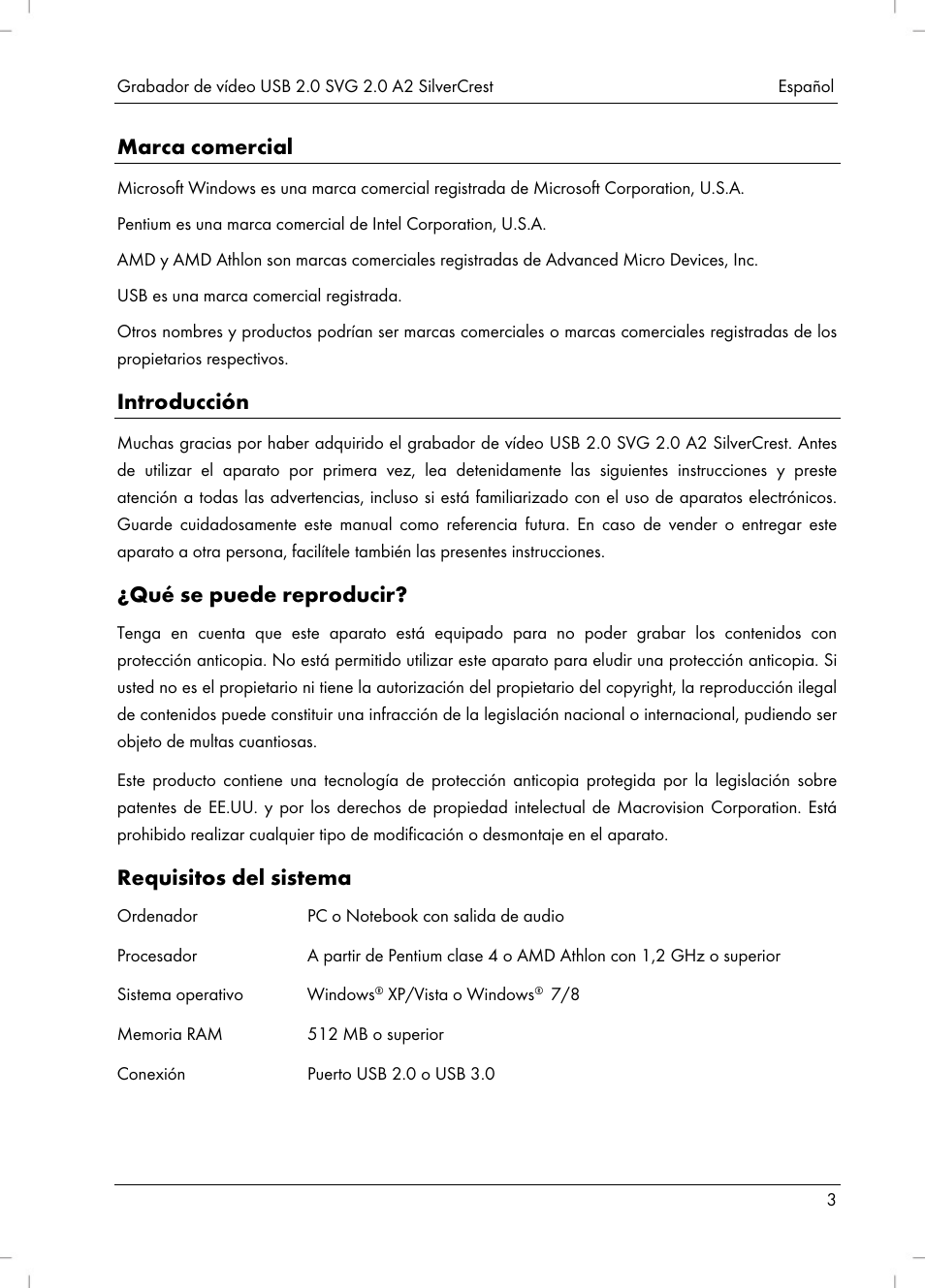 Marca comercial, Introducción, Qué se puede reproducir | Requisitos del sistema | Silvercrest SVG 2.0 A2 User Manual | Page 4 / 51