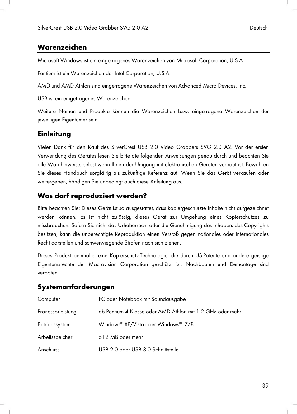 Warenzeichen, Einleitung, Was darf reproduziert werden | Systemanforderungen | Silvercrest SVG 2.0 A2 User Manual | Page 40 / 51