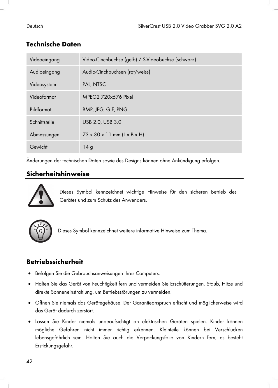 Technische daten, Sicherheitshinweise, Betriebssicherheit | Silvercrest SVG 2.0 A2 User Manual | Page 43 / 51