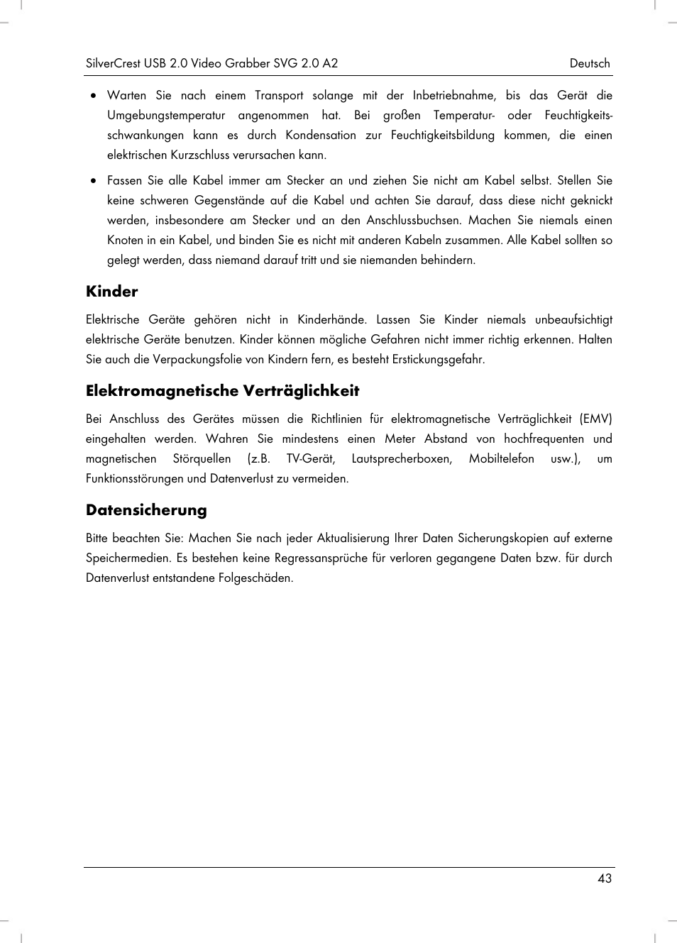 Kinder, Elektromagnetische verträglichkeit, Datensicherung | Silvercrest SVG 2.0 A2 User Manual | Page 44 / 51