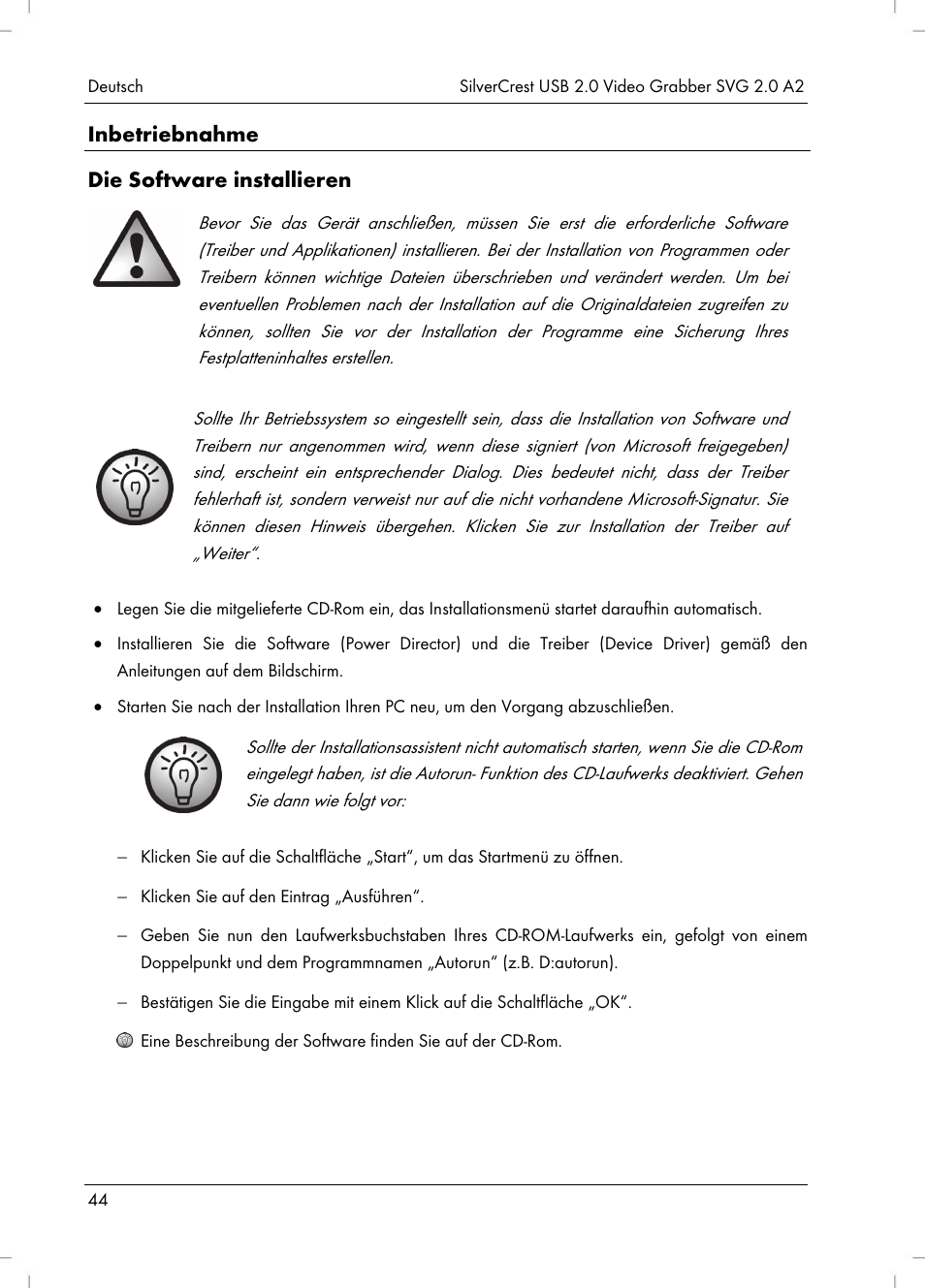 Inbetriebnahme die software installieren | Silvercrest SVG 2.0 A2 User Manual | Page 45 / 51