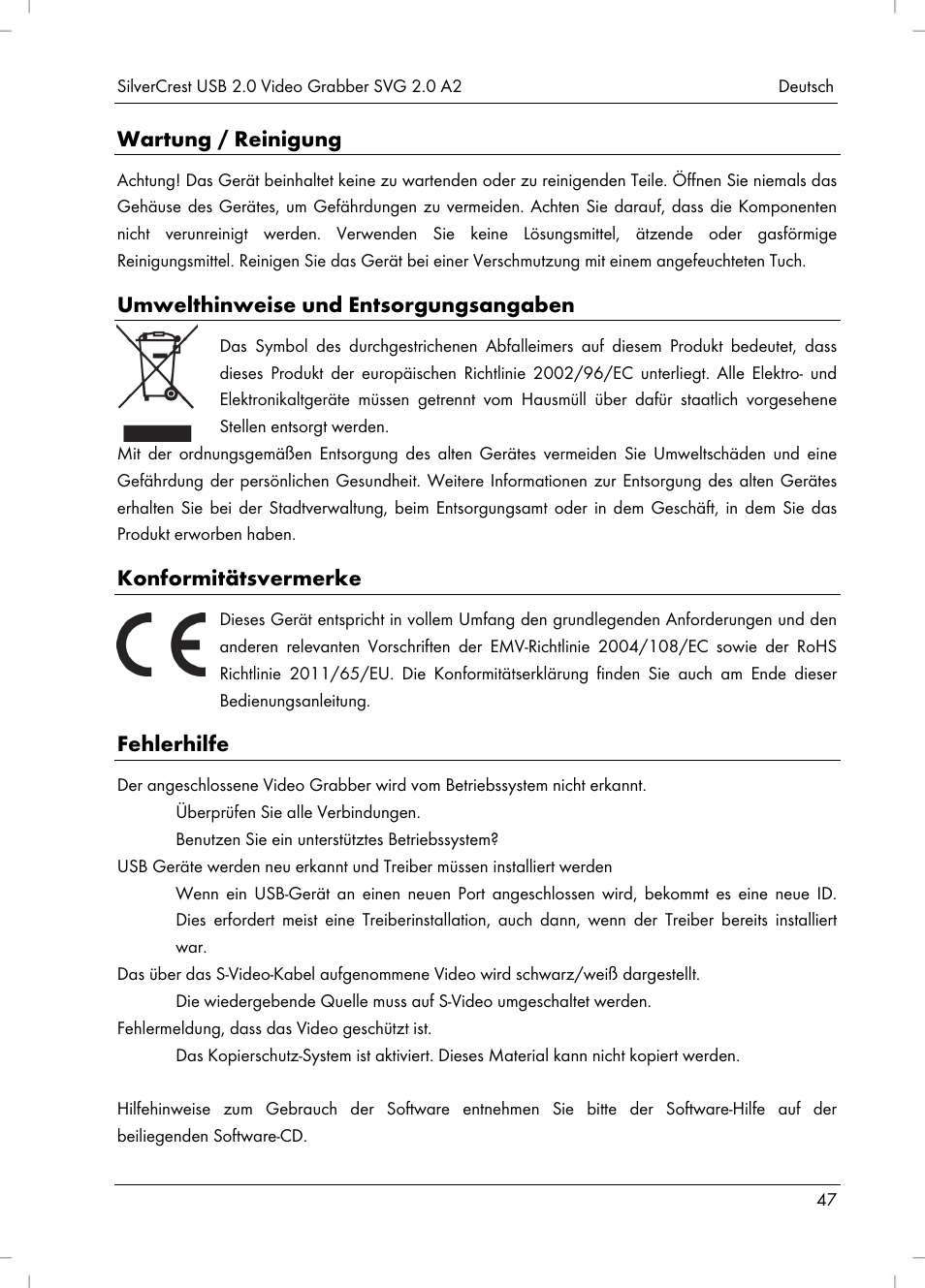 Wartung / reinigung, Umwelthinweise und entsorgungsangaben, Konformitätsvermerke | Fehlerhilfe | Silvercrest SVG 2.0 A2 User Manual | Page 48 / 51