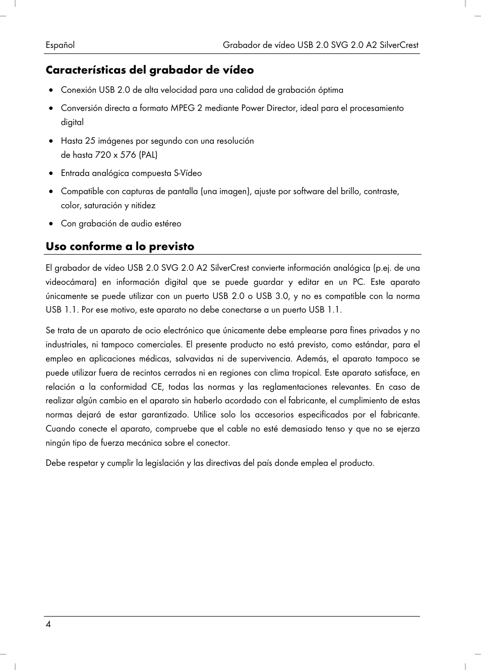 Características del grabador de vídeo, Uso conforme a lo previsto | Silvercrest SVG 2.0 A2 User Manual | Page 5 / 51