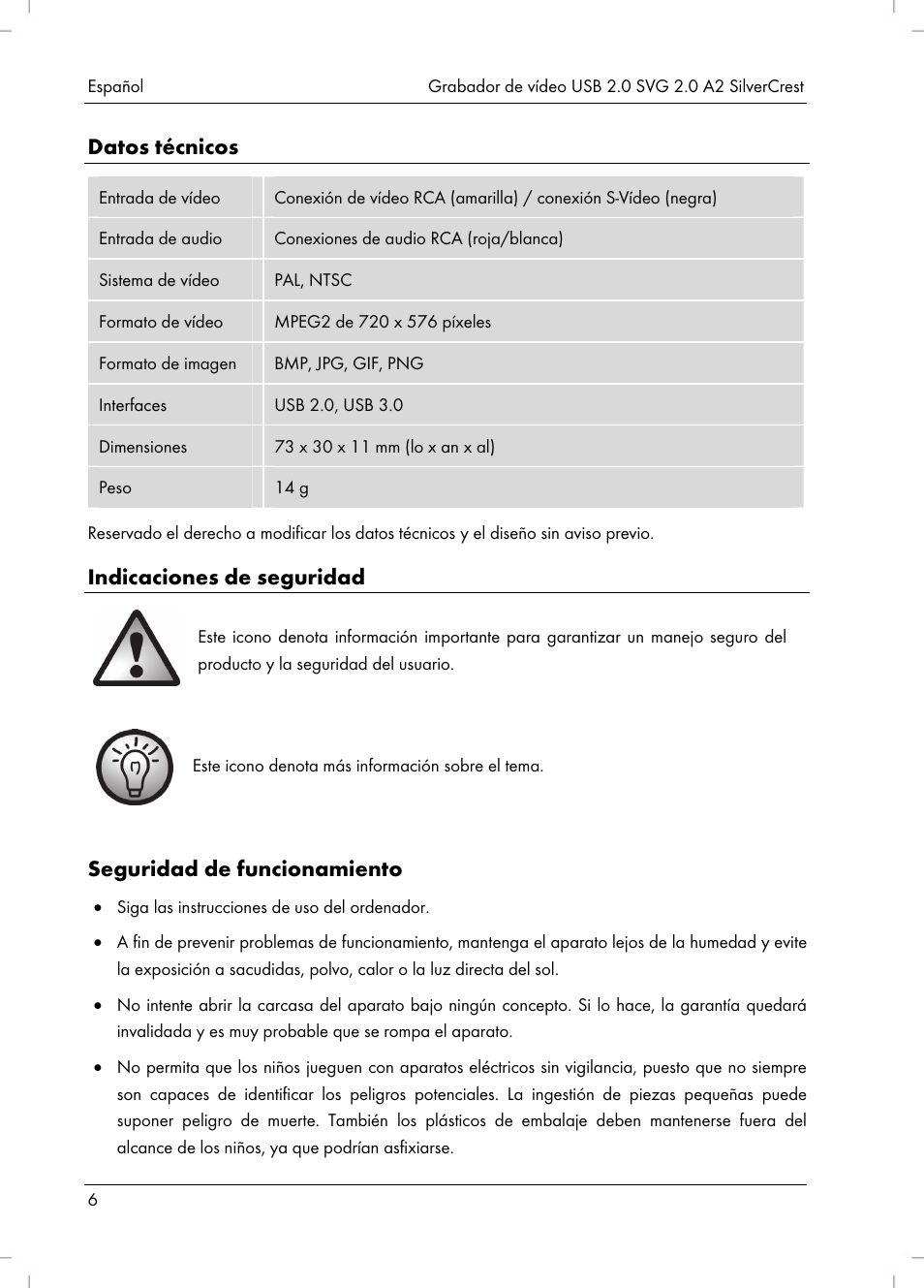 Datos técnicos, Indicaciones de seguridad, Seguridad de funcionamiento | Silvercrest SVG 2.0 A2 User Manual | Page 7 / 51