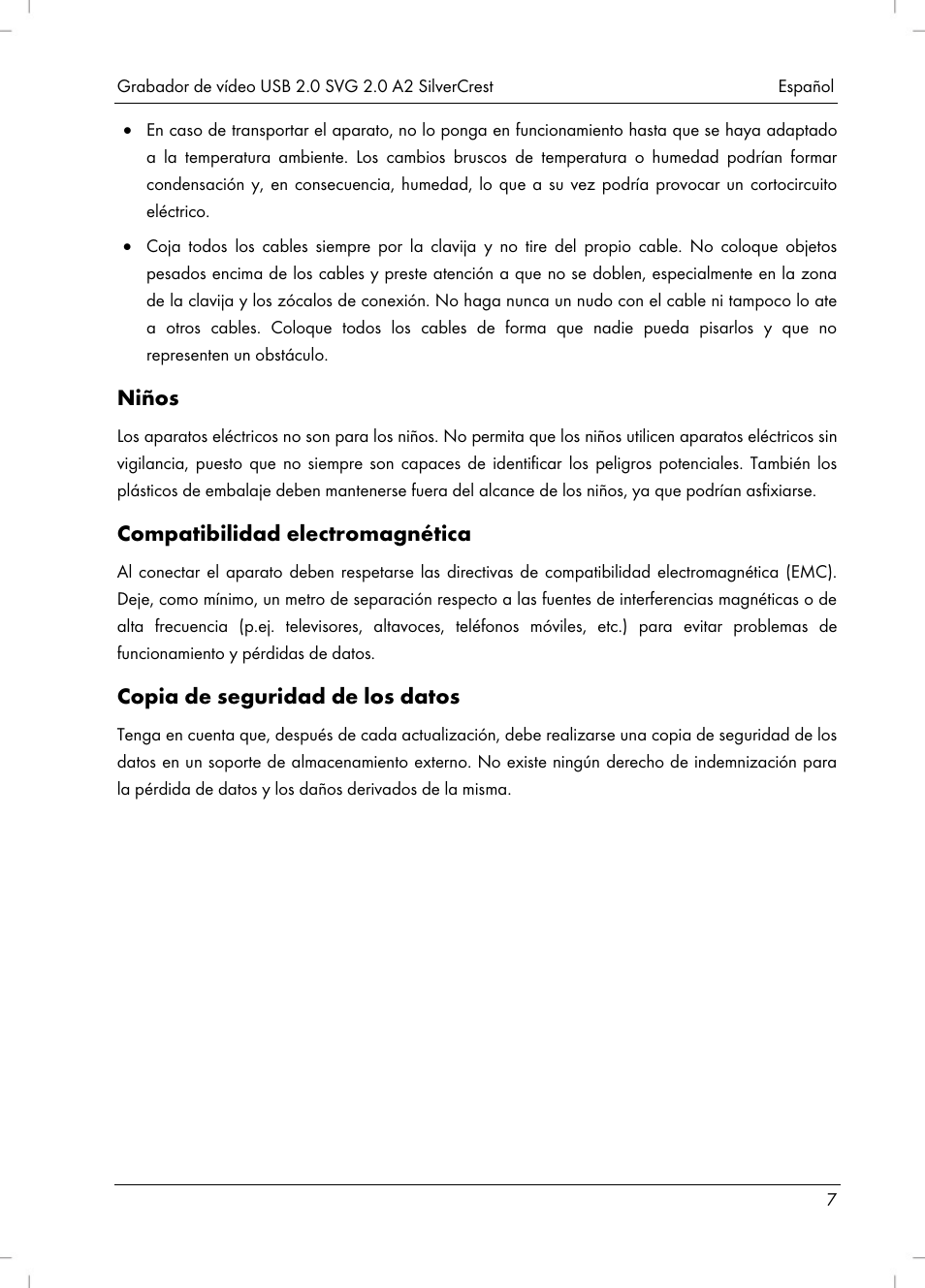 Niños, Compatibilidad electromagnética, Copia de seguridad de los datos | Silvercrest SVG 2.0 A2 User Manual | Page 8 / 51