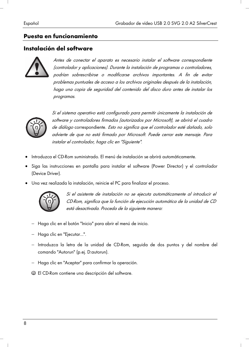 Puesta en funcionamiento instalación del software | Silvercrest SVG 2.0 A2 User Manual | Page 9 / 51