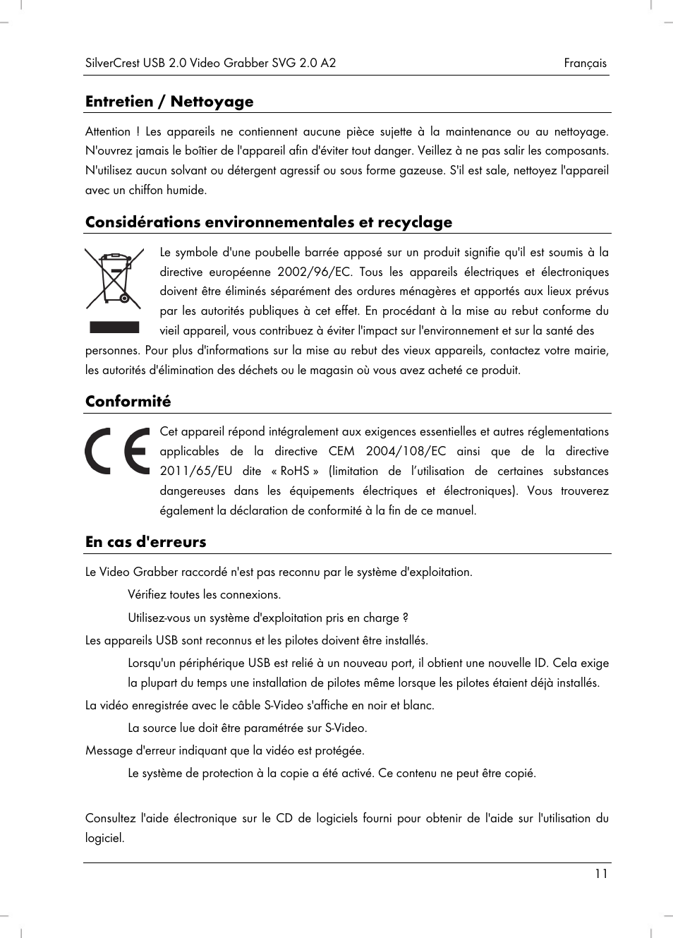 Entretien / nettoyage, Considérations environnementales et recyclage, Conformité | En cas d'erreurs | Silvercrest SVG 2.0 A2 User Manual | Page 12 / 39