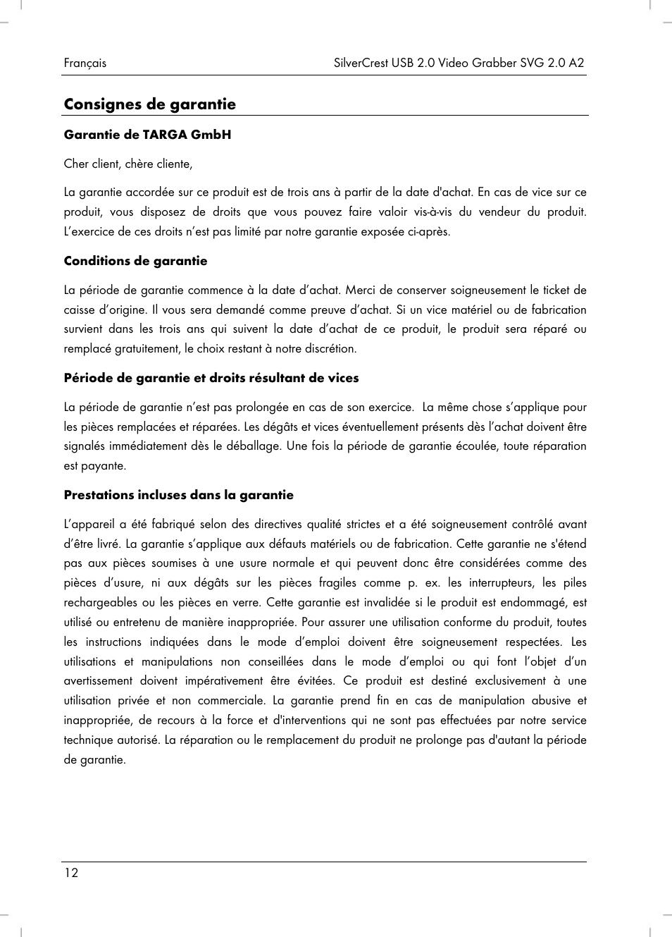 Consignes de garantie | Silvercrest SVG 2.0 A2 User Manual | Page 13 / 39