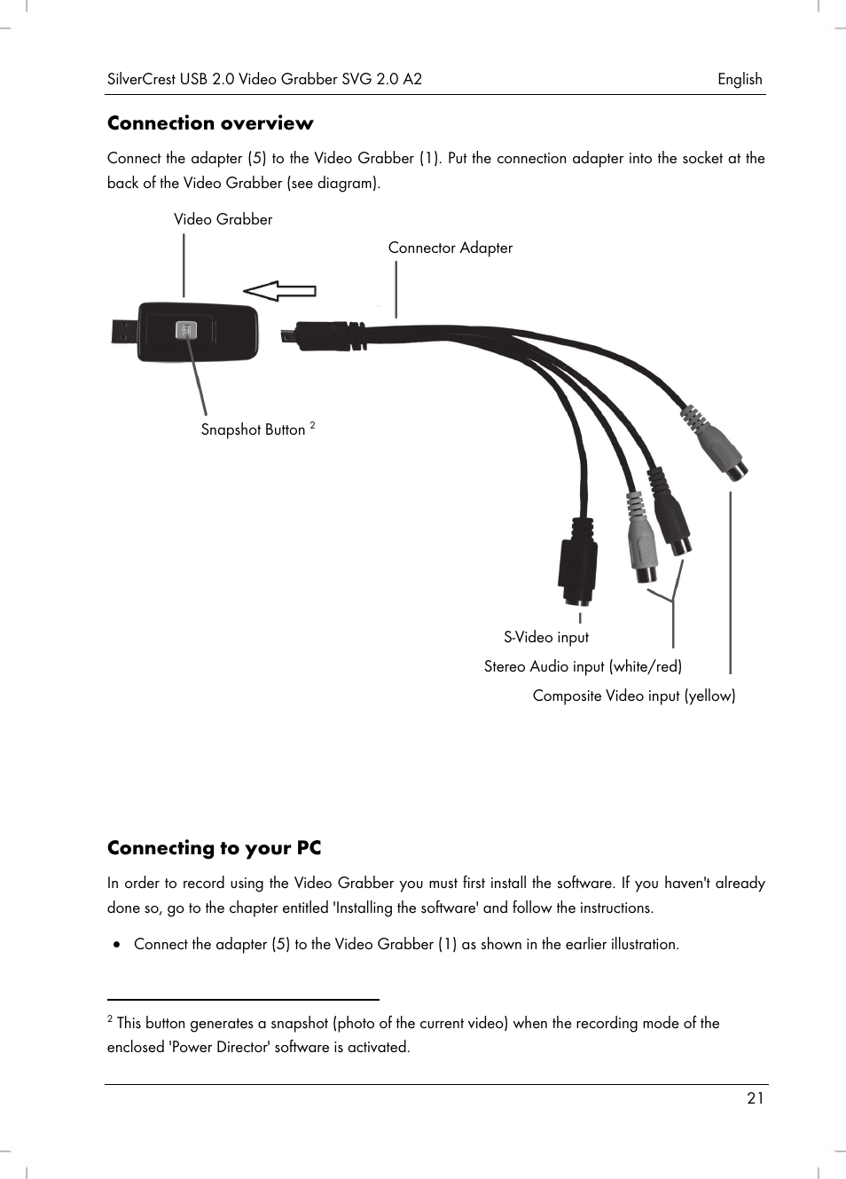 Connection overview, Connecting to your pc | Silvercrest SVG 2.0 A2 User Manual | Page 22 / 39