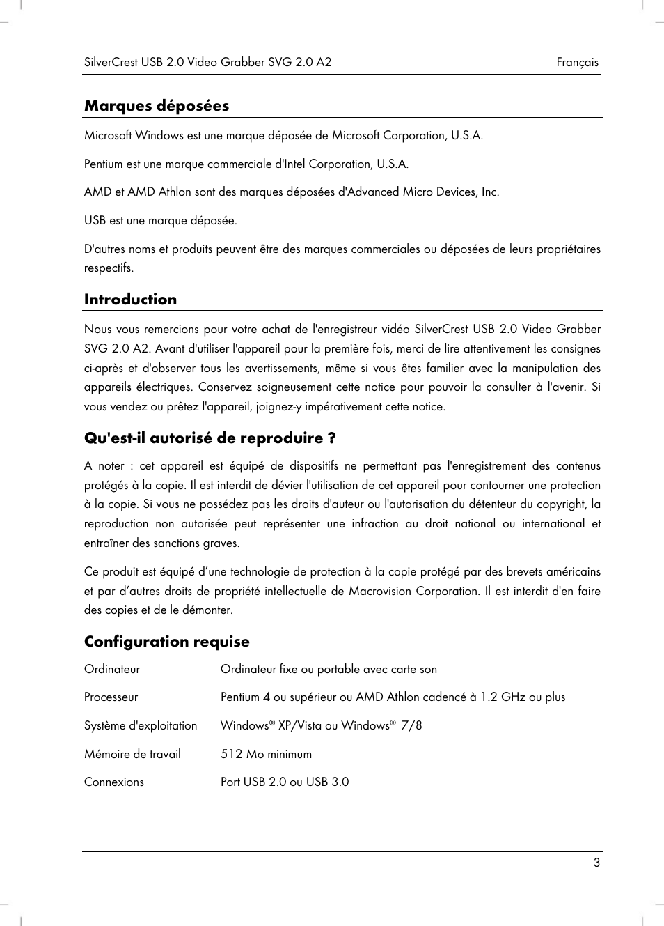 Marques déposées, Introduction, Qu'est-il autorisé de reproduire | Configuration requise | Silvercrest SVG 2.0 A2 User Manual | Page 4 / 39