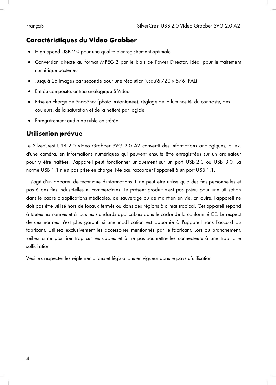 Caractéristiques du video grabber, Utilisation prévue | Silvercrest SVG 2.0 A2 User Manual | Page 5 / 39