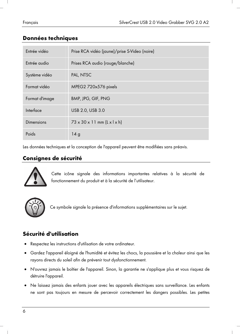 Données techniques, Consignes de sécurité, Sécurité d'utilisation | Silvercrest SVG 2.0 A2 User Manual | Page 7 / 39