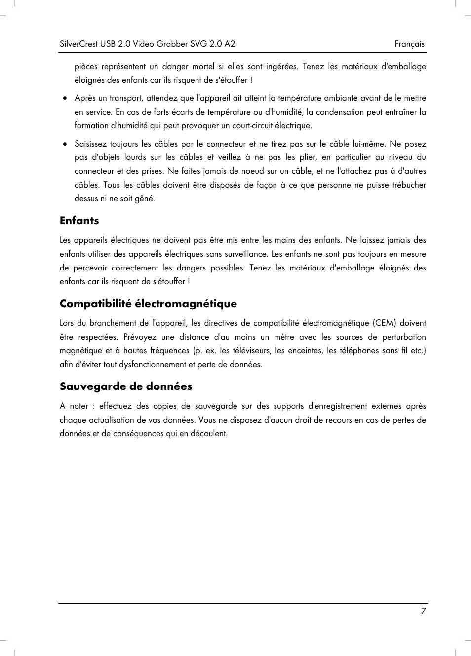 Enfants, Compatibilité électromagnétique, Sauvegarde de données | Silvercrest SVG 2.0 A2 User Manual | Page 8 / 39