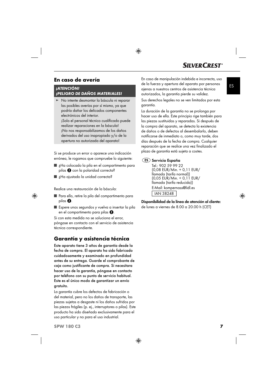 En caso de avería, Garantía y asistencia técnica | Silvercrest SPW 180 C3 User Manual | Page 10 / 44