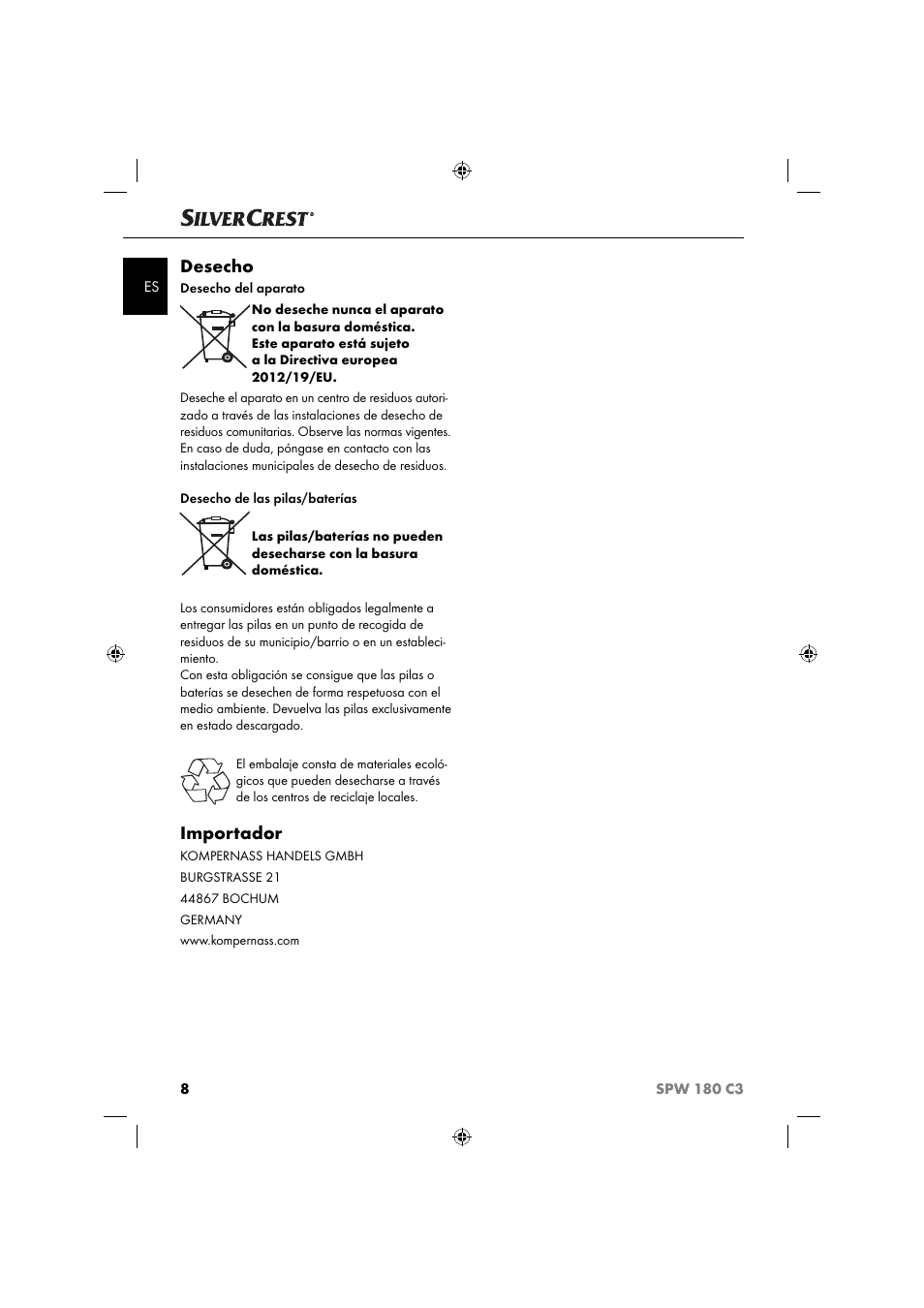 Desecho, Importador | Silvercrest SPW 180 C3 User Manual | Page 11 / 44