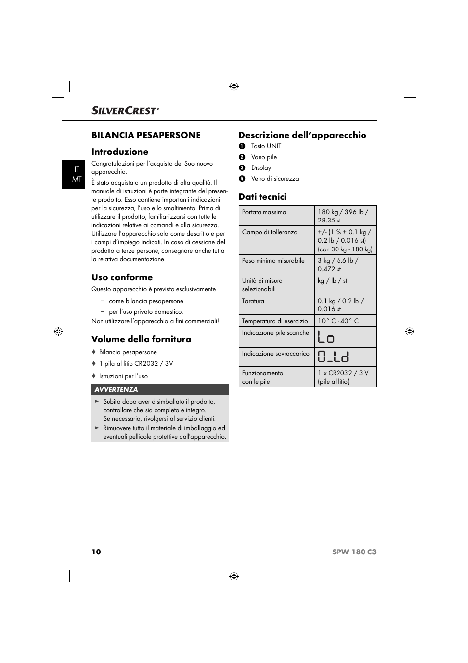 Bilancia pesapersone introduzione, Uso conforme, Volume della fornitura | Descrizione dell’apparecchio, Dati tecnici | Silvercrest SPW 180 C3 User Manual | Page 13 / 44