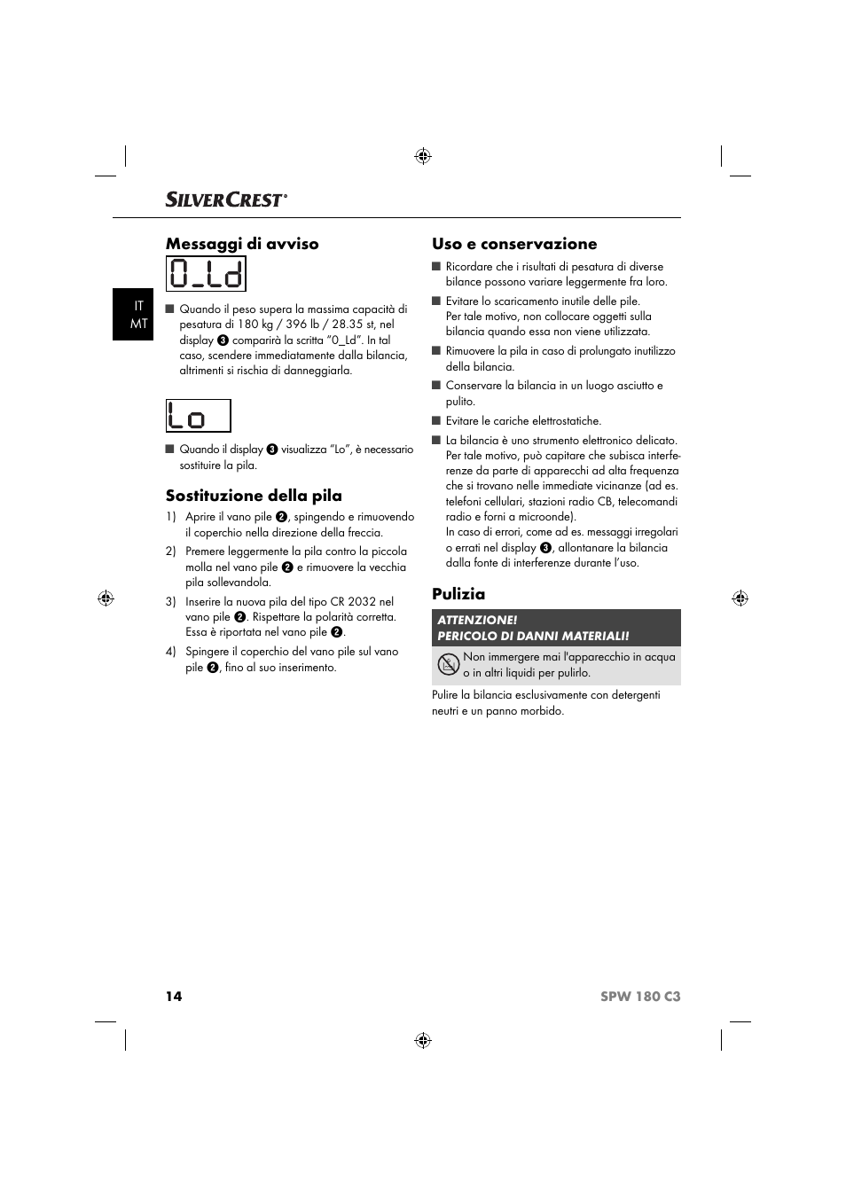 Messaggi di avviso, Sostituzione della pila, Uso e conservazione | Pulizia | Silvercrest SPW 180 C3 User Manual | Page 17 / 44