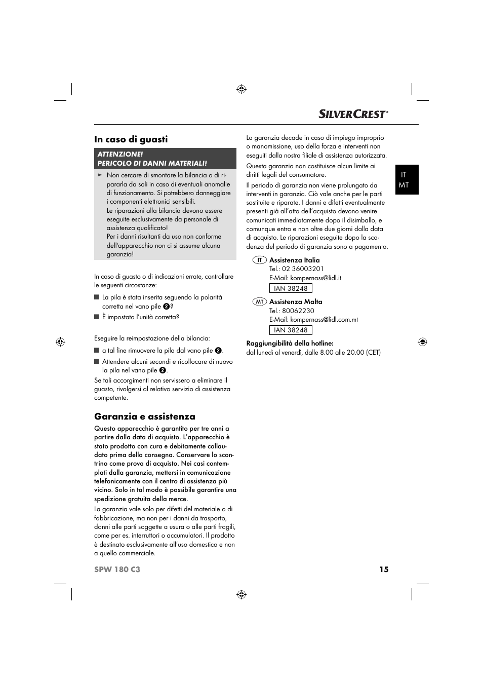 Garanzia e assistenza | Silvercrest SPW 180 C3 User Manual | Page 18 / 44